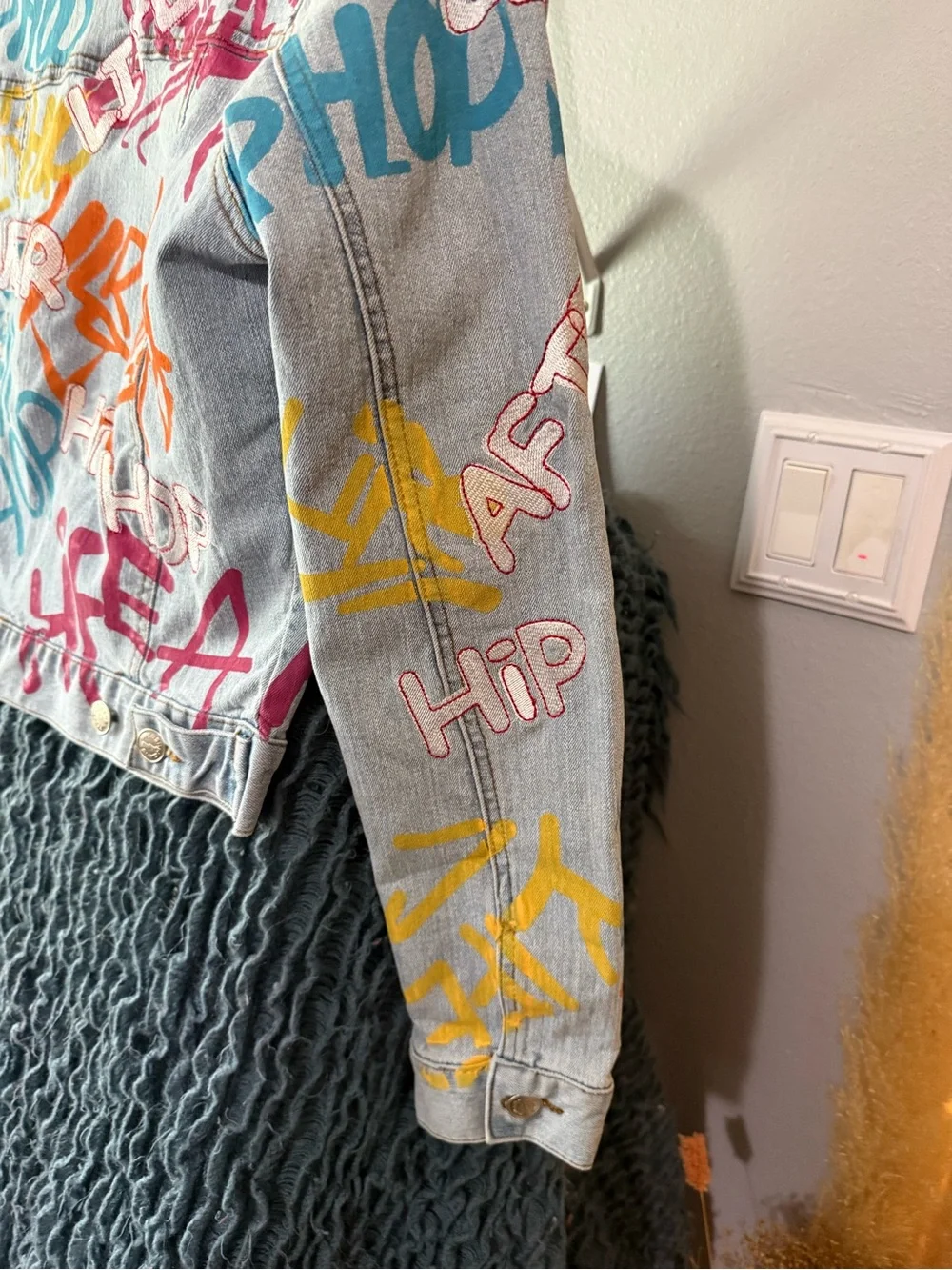 Kids Light Wash Denim Jacket with Colorful Hip Hop Graffiti